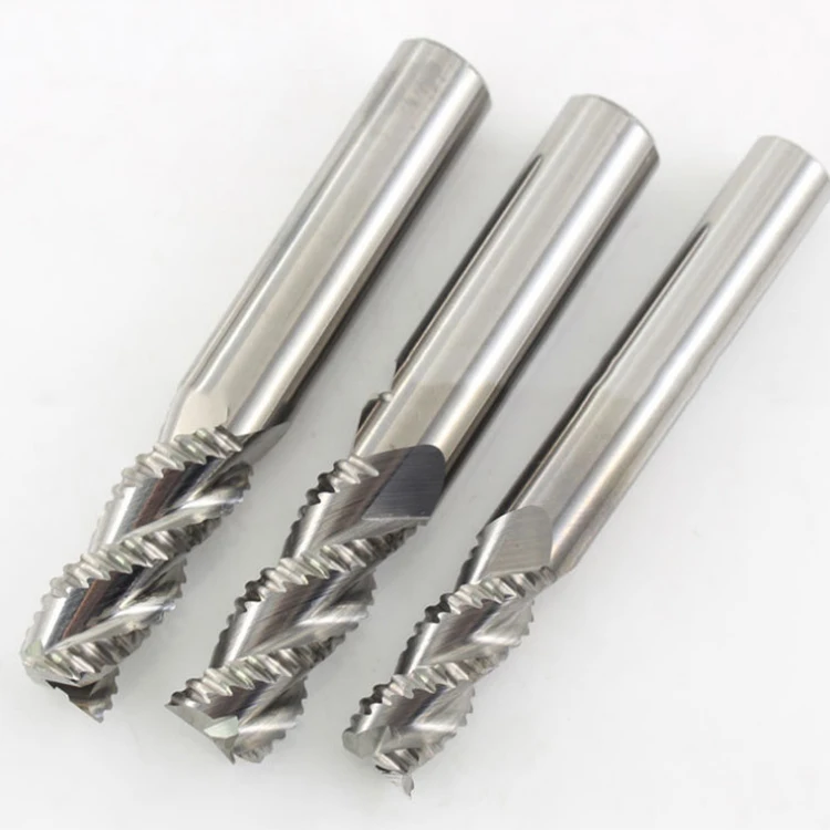 Tungsten carbide rouging end mill for steel and aluminum with coarse skin cutter