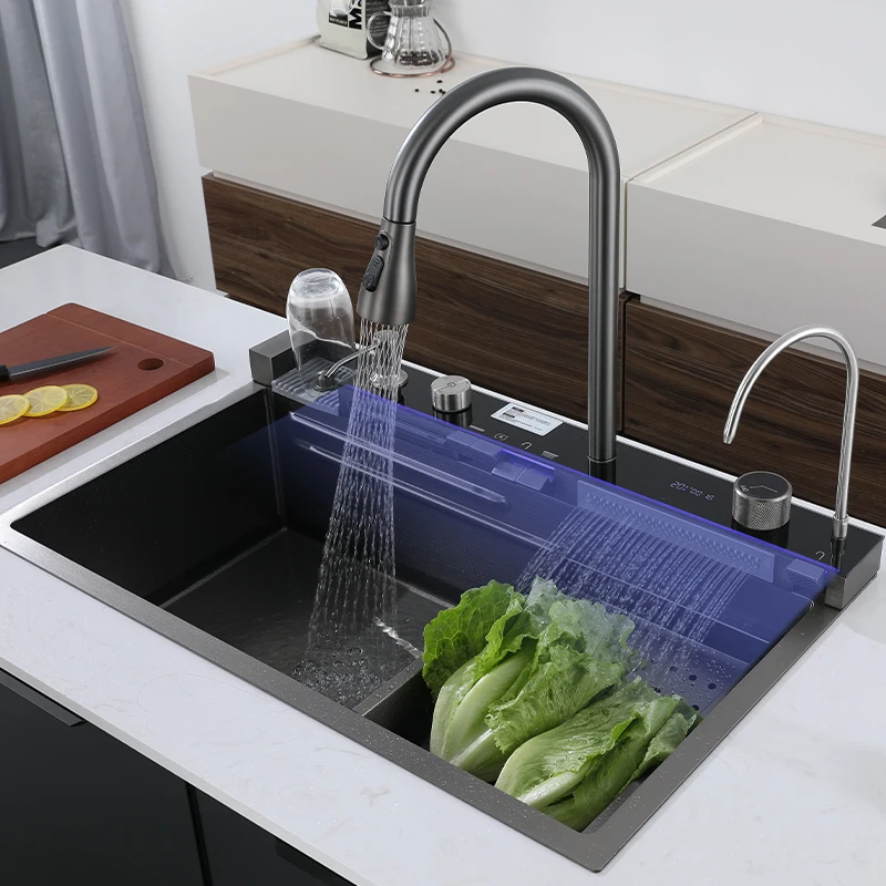 Tiktok New Trend One Piece 2 Waterfall Faucet Smart Stainless Steel Single Slot Bionic Honeycomb Black Kitchen Sink