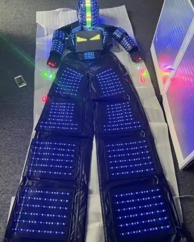 Unisex Adult Halloween LED Light Stilts Walker Robot Suit Luminous Costumes LED Screen Clothes Bar Party Nightclub Robot