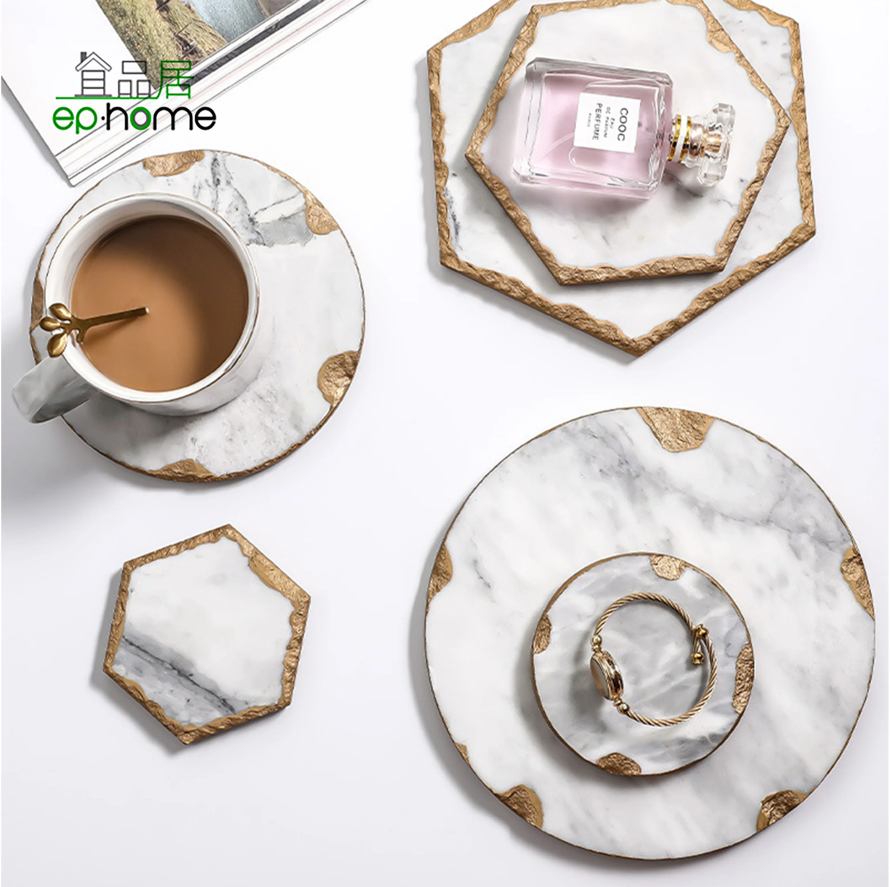 Hexagon Marble Coaster Gold Side Painted Drink Coasters, Bar Coasters or Home Decor and X-mas gift for Home/Kitchen Decoration
