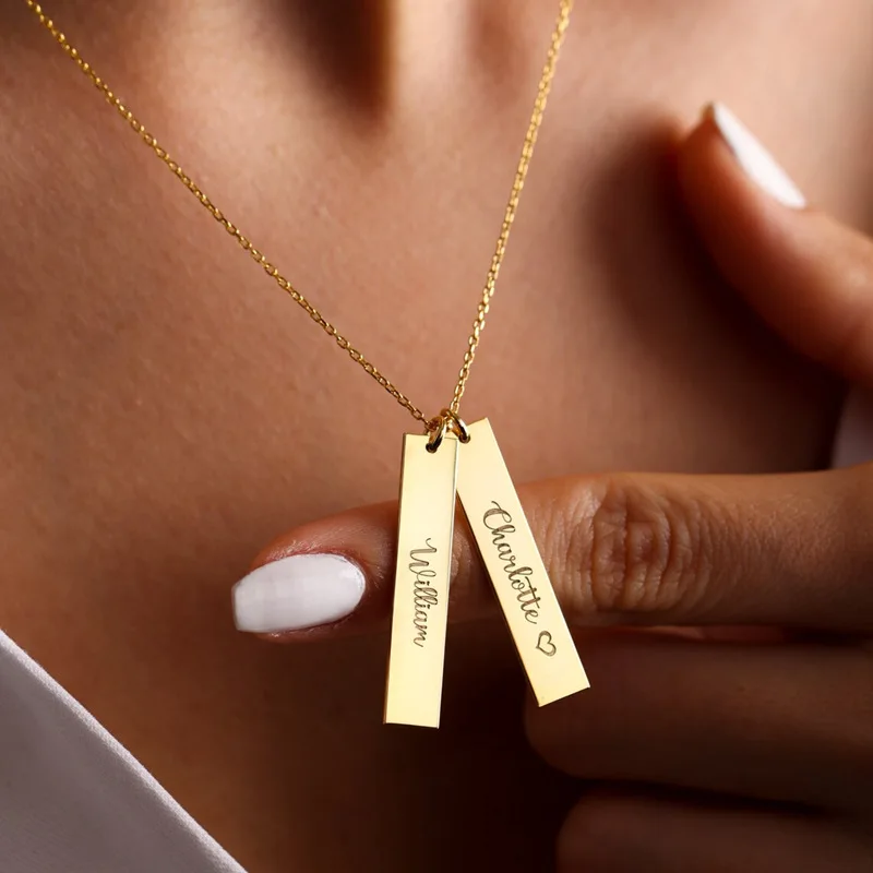 18k Gold Plated Jewelry Initial Stainless Steel Pendant Vertical Rectangular Blank Custom Engraved Name Necklace