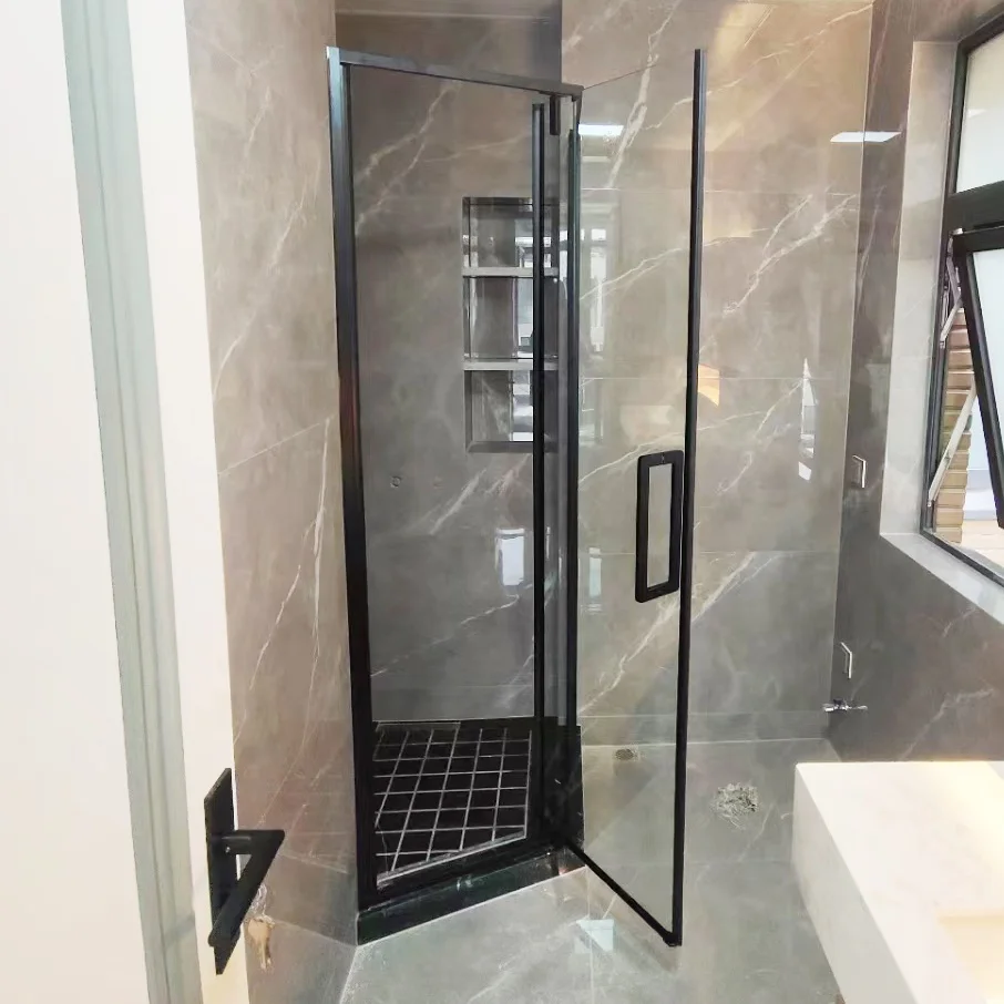 custom design 10 mm frameless 2 panel black bifold bathroom screen single hinge glass shower doors