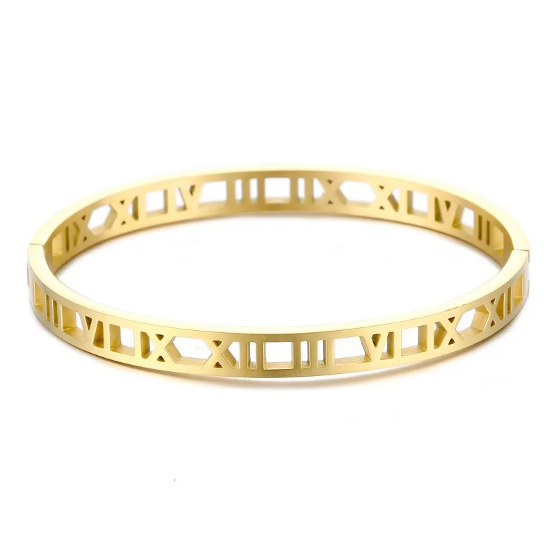 Wholesale Custom 18K Gold Plated Stainless Steel Roman Numerals Bijoux Acier Inoxydable Cuff Bangle Bracelet