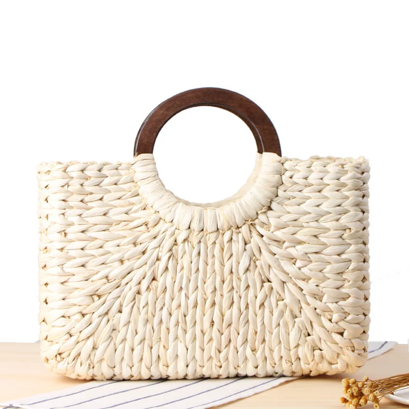 Factory Direct Sale Natural Corn Husk Rectangular Women Ladies Straw Woven Knitted Handmade Tote Bag Handbag