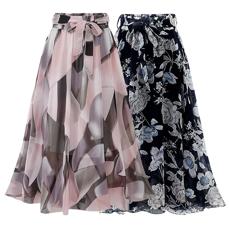 Custom Women Clothing Pleated Skirt Casual Bohemian Mid-length Print mini skirt Summer Vintage Floral Chiffon Skirt For Women