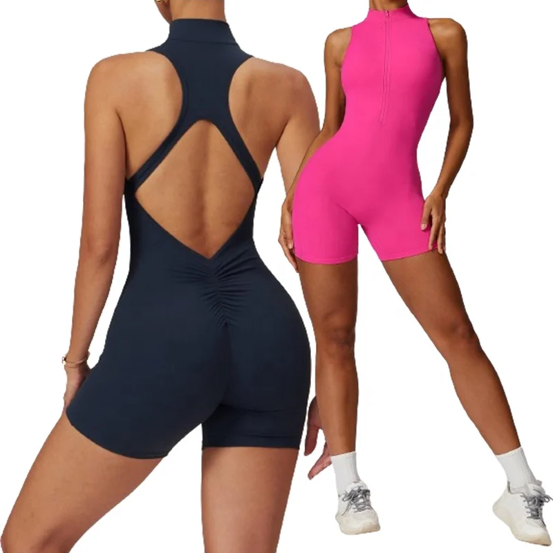 Women Quick-drying hip-lifting yoga Bodysuit hollow back short length running sportswear tight Front Zip fitness  jumpsuit