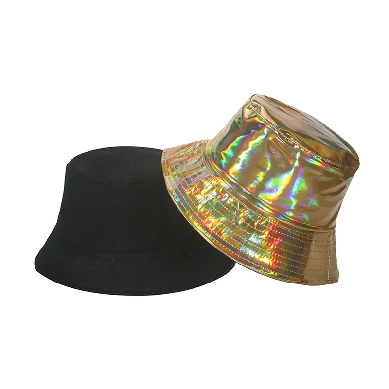 Hip Hop Custom Blank Adults Unisex Reflective Double-sided Reversible PU Sports Cap Bucket Hat