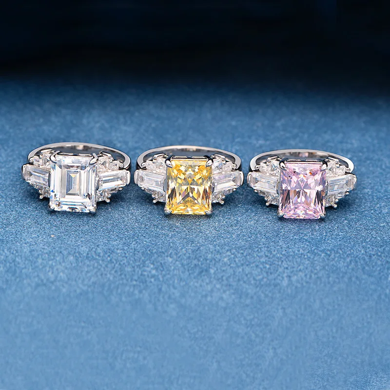 Luxury Radiant Cut Big Lab Grown Yellow Gemstone  Wedding Ring Zircon Platinum Plated 925 Sterling Silver Ring Women
