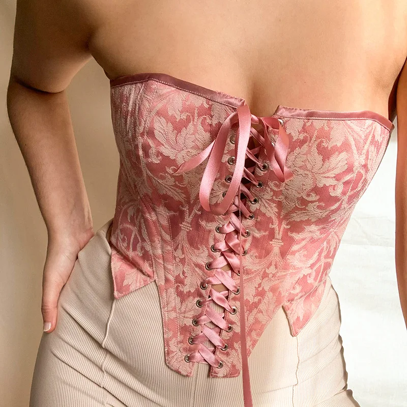 Women Off Shoulder Strapless Bodycon Tank Top 90s Vintage Pink Printed Corset Vest Sexy Lace-up Floral Print Tube Crop Tops