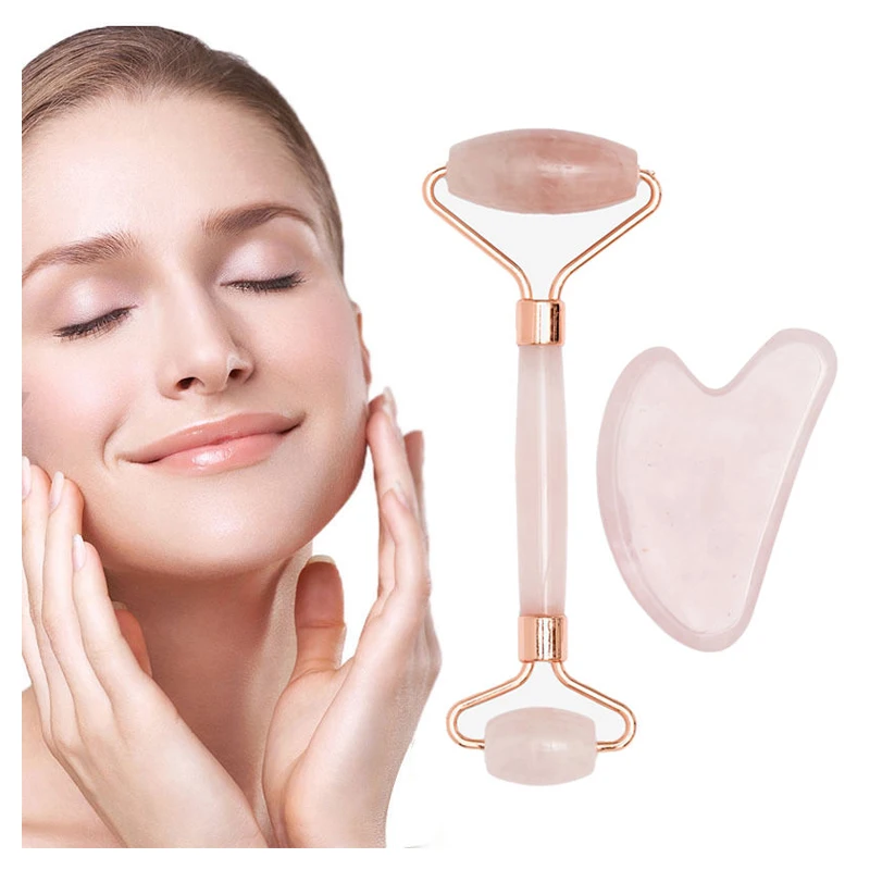 Jade Roller Natural Massage Stick and Rose Quartz Facial Massage Roller Set For Face Jade roller skin lifting device gua sha