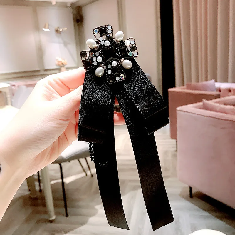 black pink lace silk fabric ribbon bow butterfly brooch necktie pearl crystal cross cloth collar accessories girl female brooch