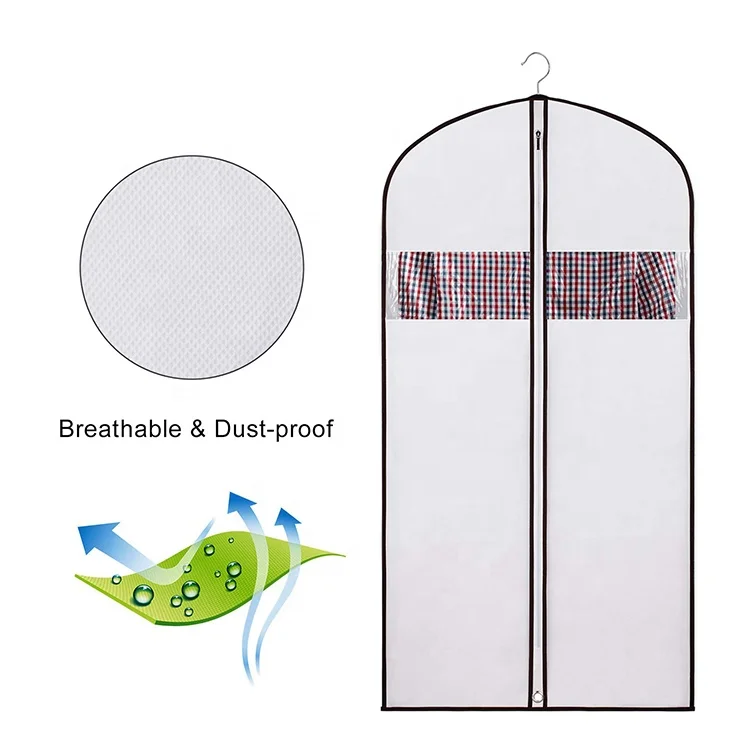 Set of 5 Custom Breathable White Cloth and PVC Garment Covers Dust and Packing Suit Bag Carriers for Storage Transportation