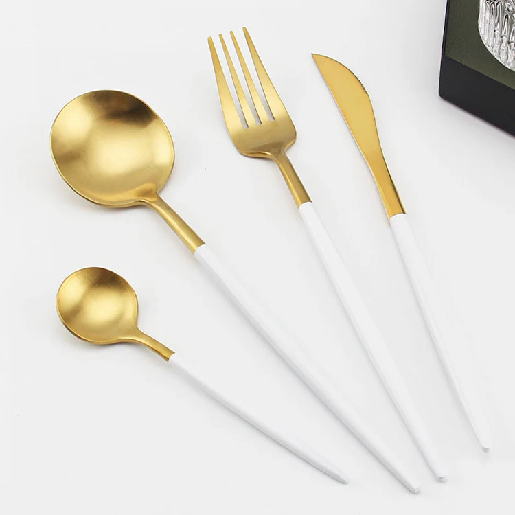 hotel supplies golden catering utensils gold white cutlery set design stainless spoon and fork