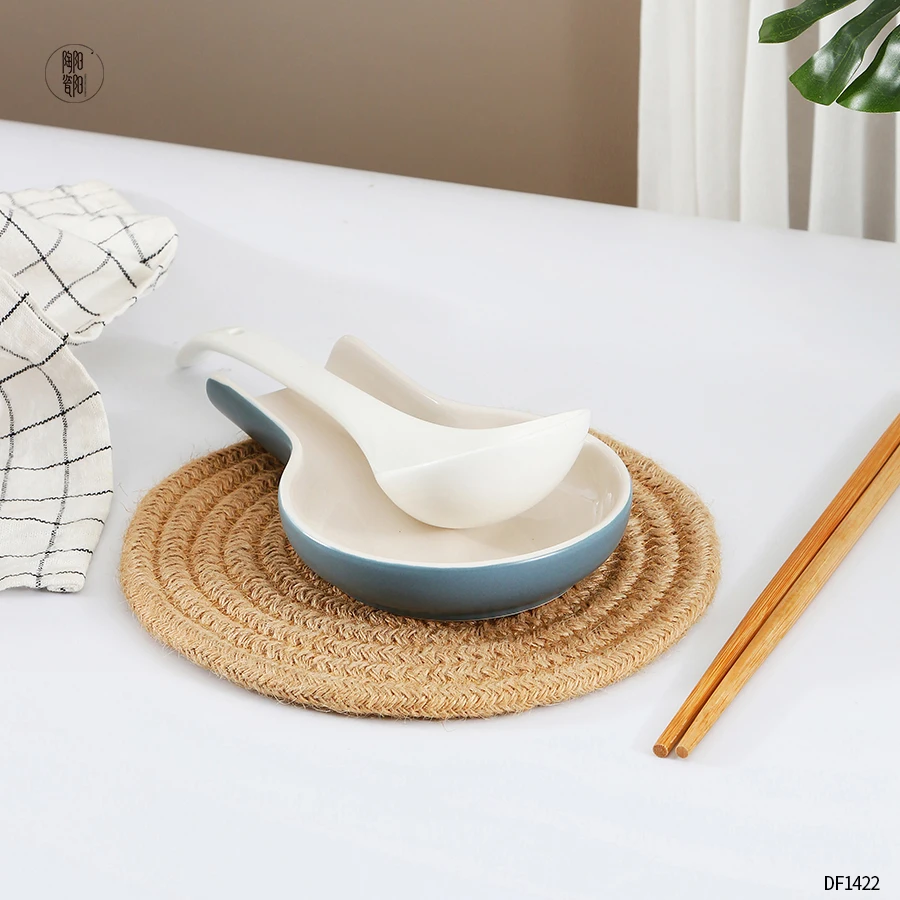 Custom logo chopstick and spoon cooking utensil holder morandi blue ceramic spoon rest holder