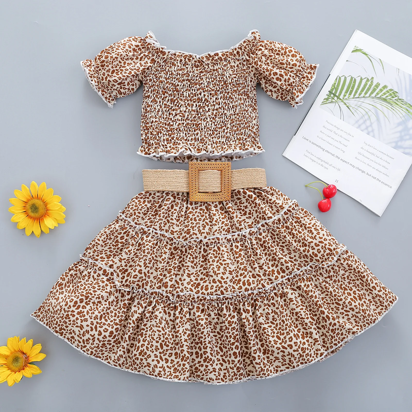 
5228 Kids Girls Clothing Summer Short sleeve Ruffle Floral Print T-shirt Print Skirt Dress Children Baby Clothes Outfits Set 