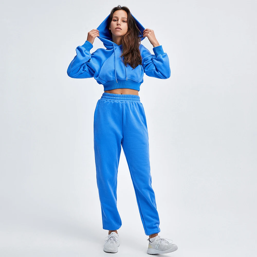 Wholesale High Quality Long Sleeve Plain Cropped Hoodies And Sweat Pant Jogger Casual 2 Piece Hoodies Set