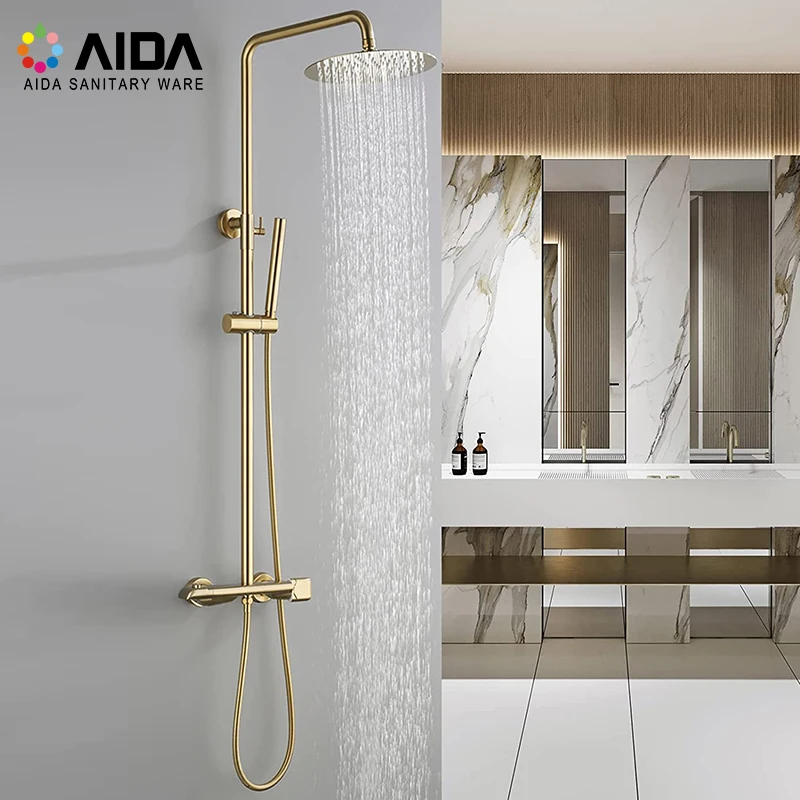 Luxury Round Rainfall Exposed Wall Mounted Bathroom Mixer Taps Thermostatic Gold Shower Set