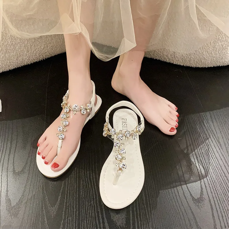 Summer Woman Flat Sandals Fairy Style Rhinestone Chain Thong Flats Bottom Clip-on Girl OuterWear Fashion Beach Shoes