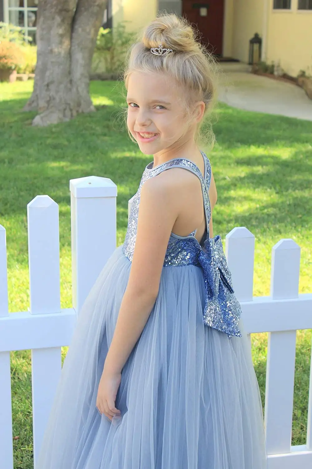 Supply High Quality Elegant Tulle Beautiful Formal Ruffle Sequins Blue Fairy Long Maxi Tutu Dresses With Bow