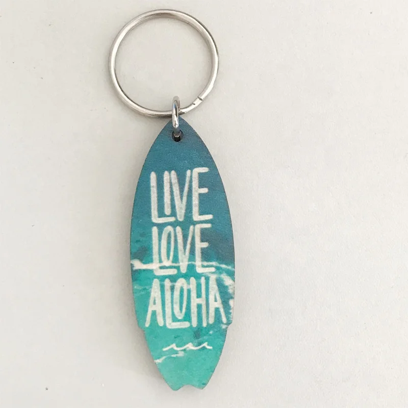 Hawai Laser Metal Ring Customized UV Printed Wood Keychain for Tourist Souvenirs