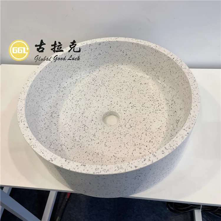 Round White cement concrete terrazzo wash basin and sink for bathroom (1600470194745)
