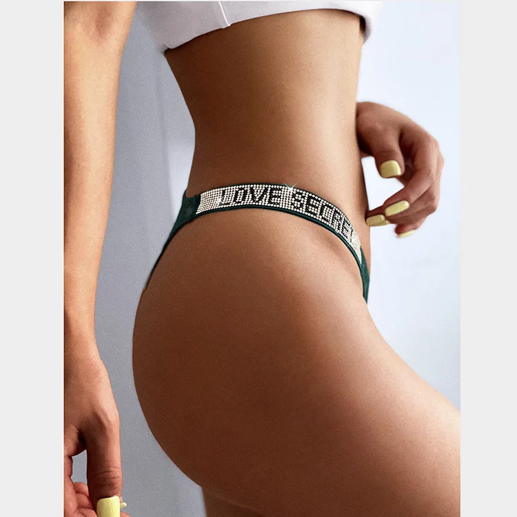 Wholesale Shiny Rhinestone Wish Lace T-Shaped Thong Ultra-thin Super Sexy Transparent Women Underwear