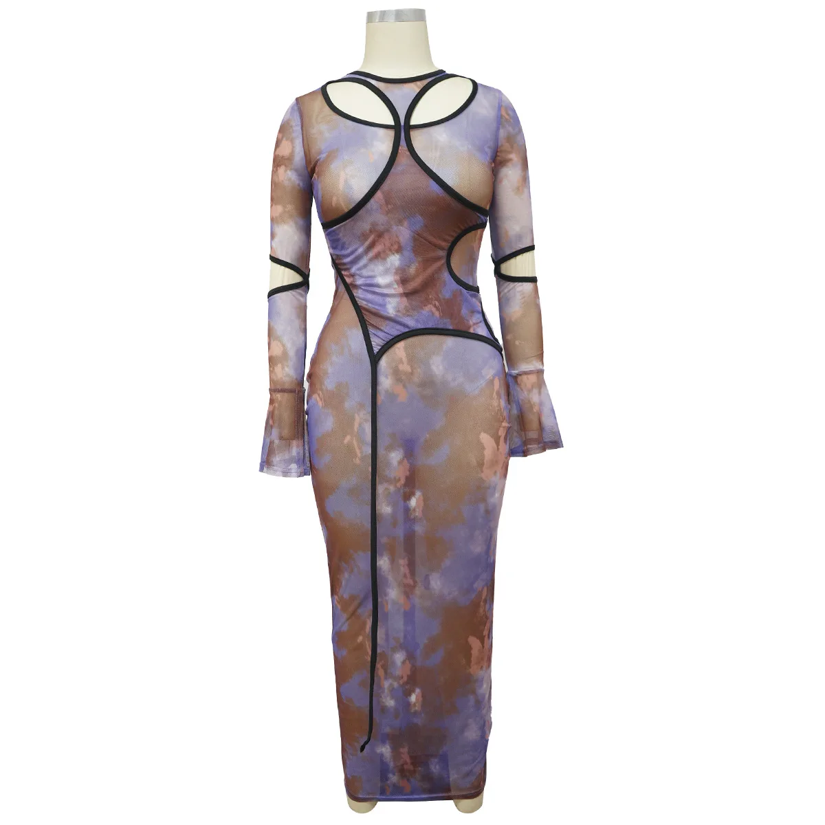 2021 New Ready to ship trendy fashion women fall clothing see through long maxi sexy mesh dress