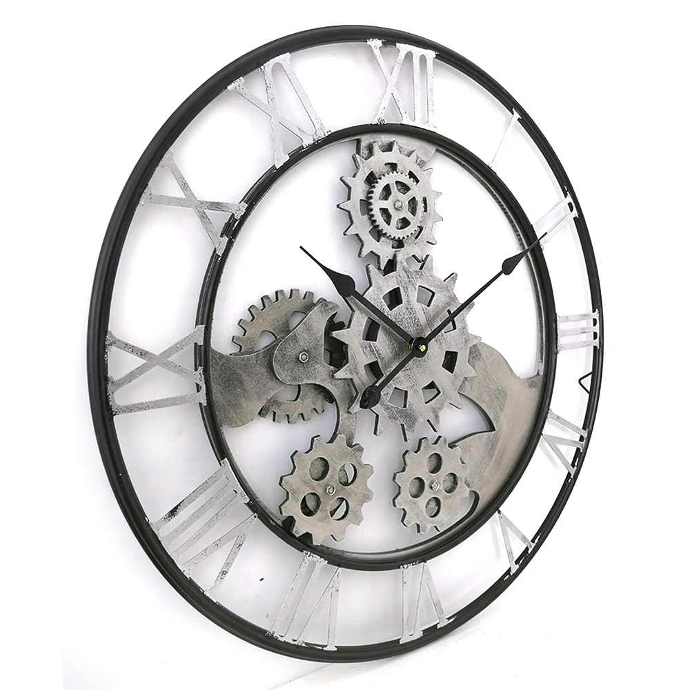 70cm round retro industrial style silver wood wheel gear roman numbers home decor quartz wall mounted clock for living room