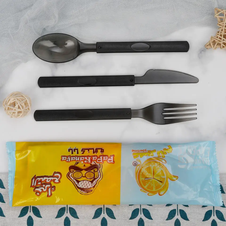 Best Selling Plastic PS Knife Spoon Fork and Napkin in One Individually Package Disposable Black Cutlery Set