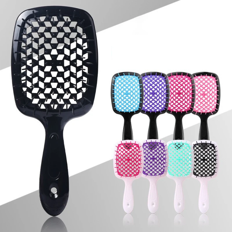 multi styles plastic hollow paddle comb Amazo hot sell wide tooth paddle brush message scalp mesh paddle comb for wet and dry