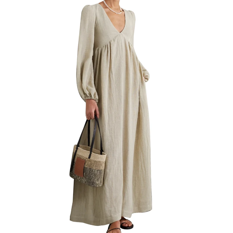 custom high end Summer european clothing OEM elegant vintage V-neck Maxi Ladies long sleeve Women dress casual 100% Linen Dress