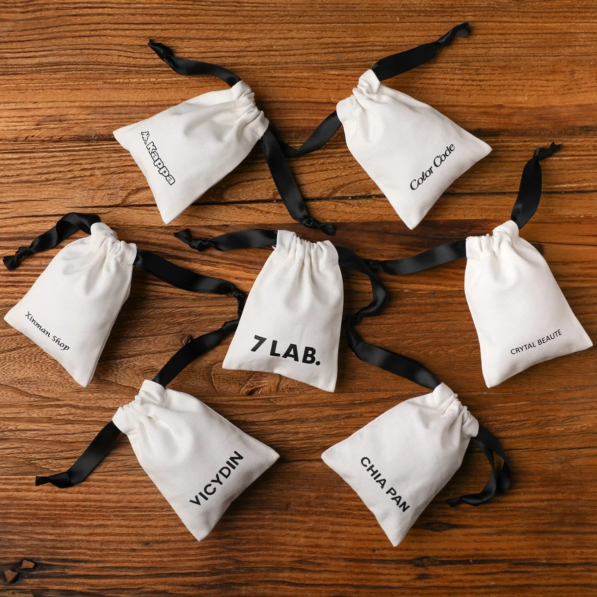 Personalized black canvas cotton packaging drawstring bag double grosgrain satin ribbon jewelry natural pouch