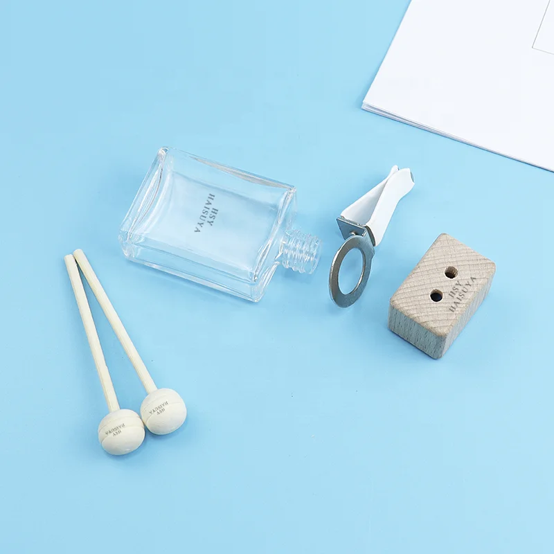 Custom Personalized 10ml 15ml Mini Home Hotel Car Perfume Oil Square Glass Aroma Bottle Wood Vent Diffuser Scent Air Freshener