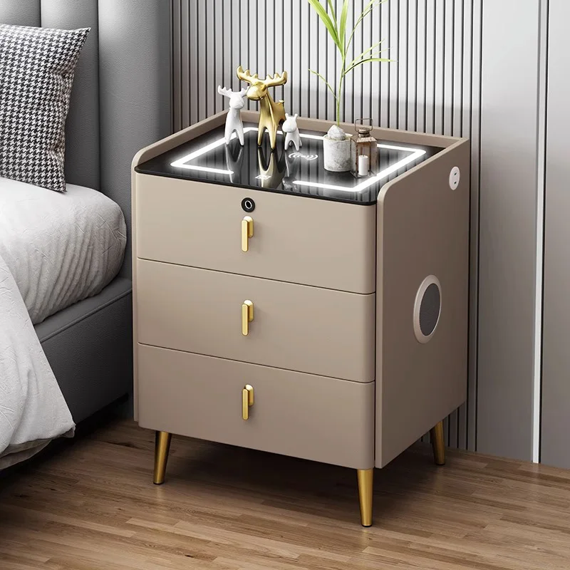 Smart Tempered Glass Top Drawer Night Stand Gloss White Luxury Nightstand Modern Bedside Table For Bedroom