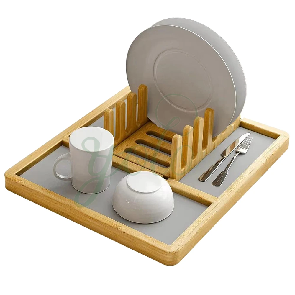 Foldable Collapsible New Bamboo Diatomite Stone Dish Quick Drying Mat With Water Absorbing Earth Tray For Kitchen Counter