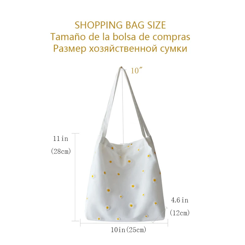 2021 New Designers Small Cute Daisies Embroidery Mesh Cotton Canvas Shopper Tote Bags for Women
