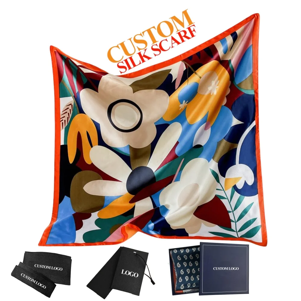 Designer 100% silk scarf custom print silk satin twill square scarf for woman digital print mulberry silk scarves