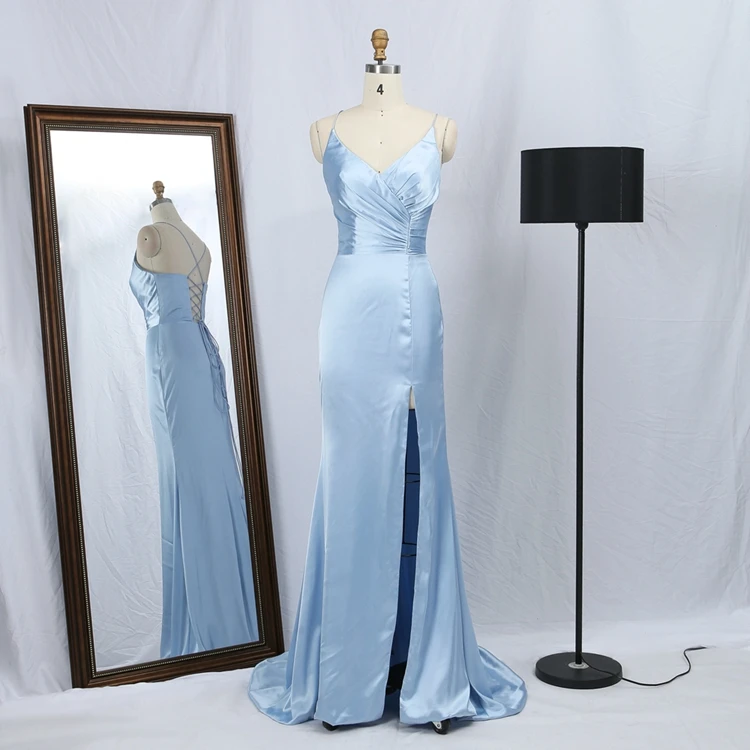 High Slit Satin special pleated top ace Up Back Prom Dress