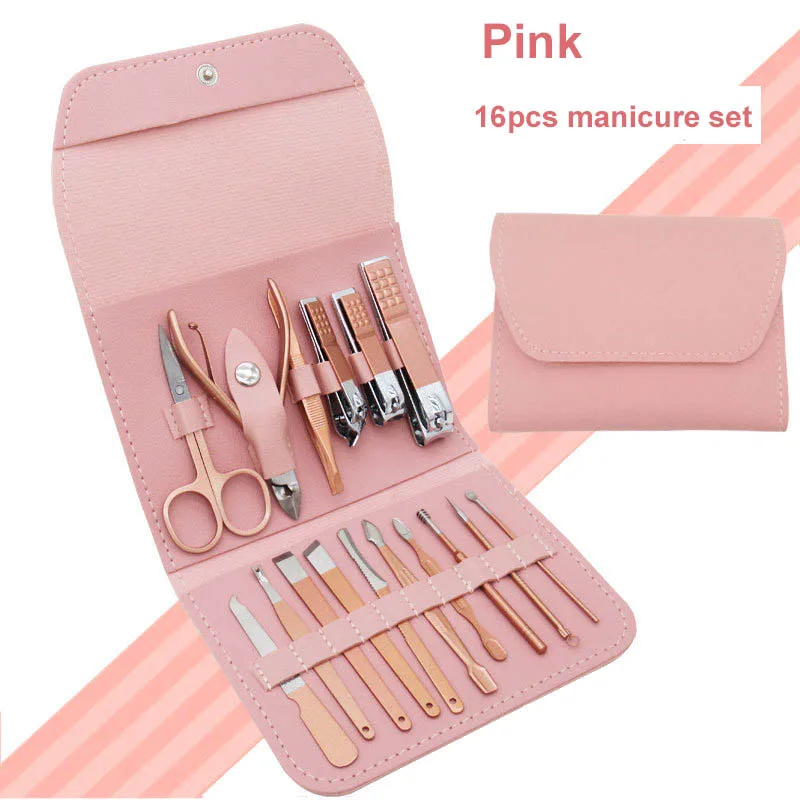 16 Pcs Pink Stainless Steel Nail Clipper Cutter Trimmer Ear Pick Grooming Kit Manicure Set Pedicure Toe Nail Art Tools Set Kits