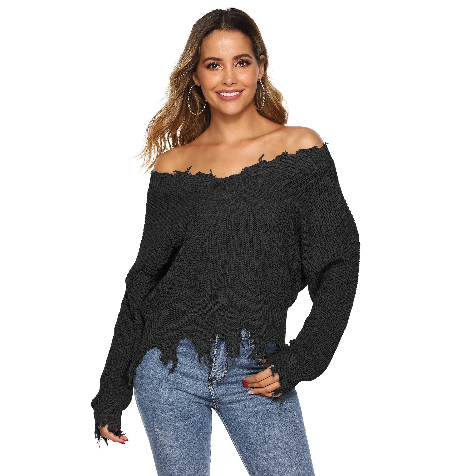 Factory Ladies jumper tassel striped irregular casual knitted pullover V neck off the shoulder Lazy Loose sexy sweater for women
