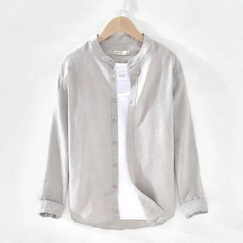 Factory wholesale men high quality linen cotton stand collar casual shirt long sleeve