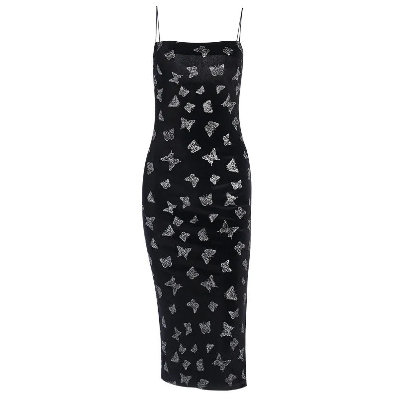 Dark Sexy Butterfly Print Split Cheongsam Little Black Dress Female Gothic Suede Ins Suspender Dress