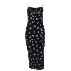 Dark Sexy Butterfly Print Split Cheongsam Little Black Dress Female Gothic Suede Ins Suspender Dress