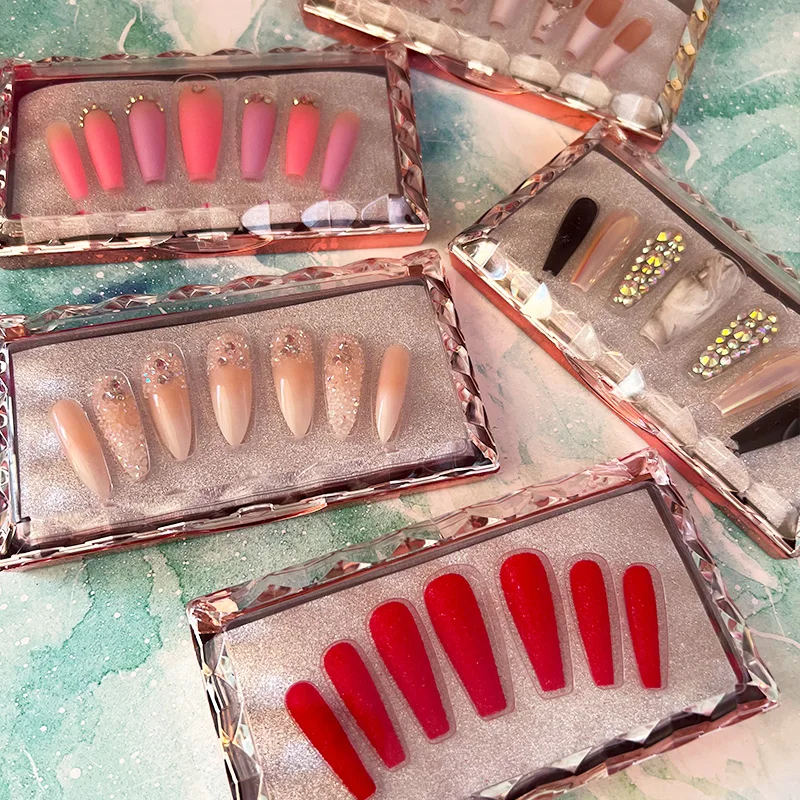 artificial fingernails long French rhinestones false nails private label custom press on nail packaging box