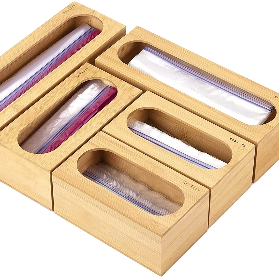 Food Storage Bag Organizer Holders, 5 Pieces Bamboo Kitchen Drawer Bag Storage Box Compatible with Gallon, Quart, Sandwich