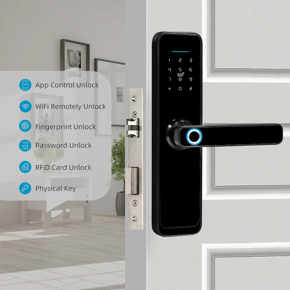 Smart Door Lock with Tuya TTLock App Security WiFi Fingerprint Digital Handle Door Keyless Biometric Entry Door Lock