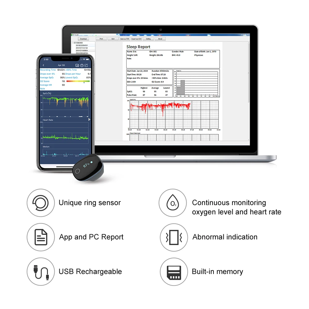 Wellue O2ring SPO2 Ring Heart Rate Sleep Apnea Monitor Pulse Oximeter With Alarm