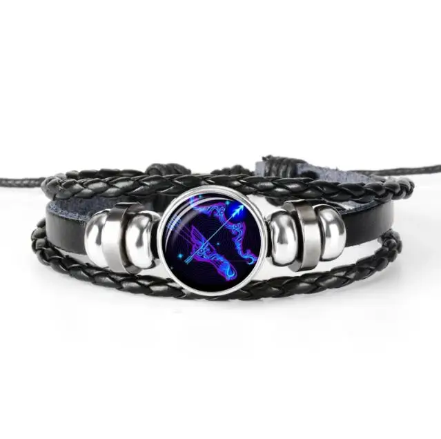 2021 Zodiac Sign Black Braided Star Glass Dome Jewelry Punk Luminous Braided Leather Jewelry Bracelet
