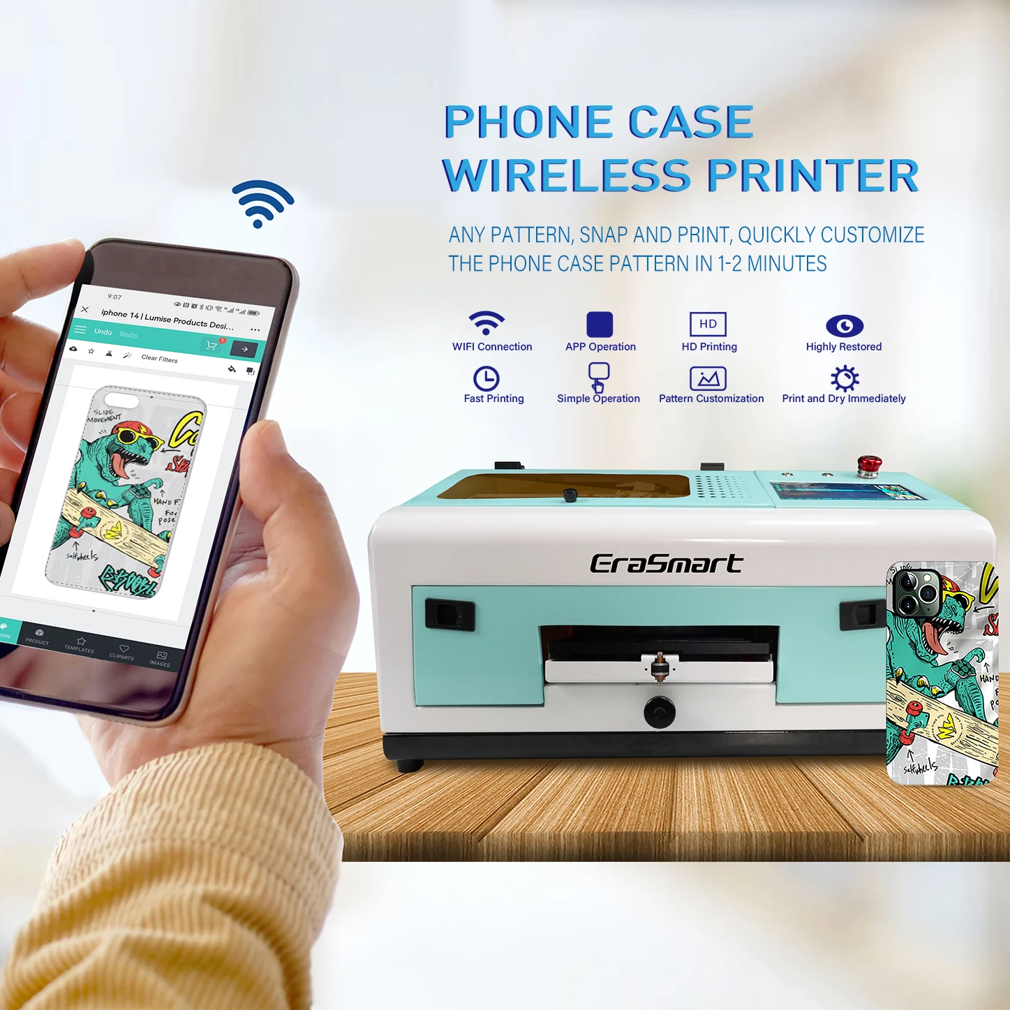 EraSmart Automatic Smart Printer Machine Wifi  Full online cloud smart scan to Print Phone Cases Printer