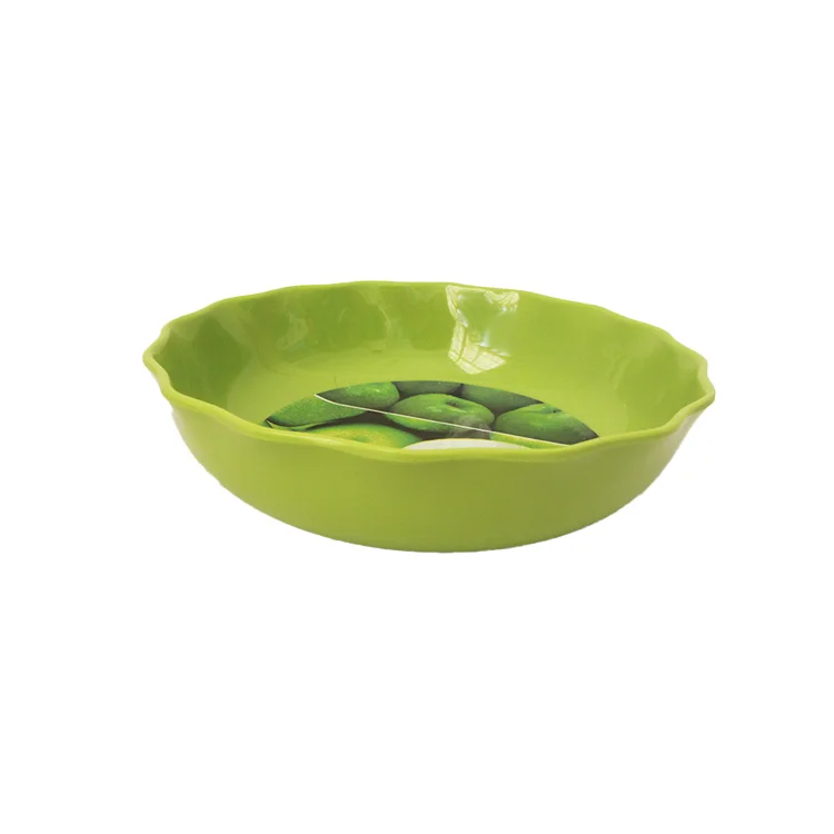 High Quality Wave Edge Round Shape Green Apple Printed Fruits Snack Melamine Plate